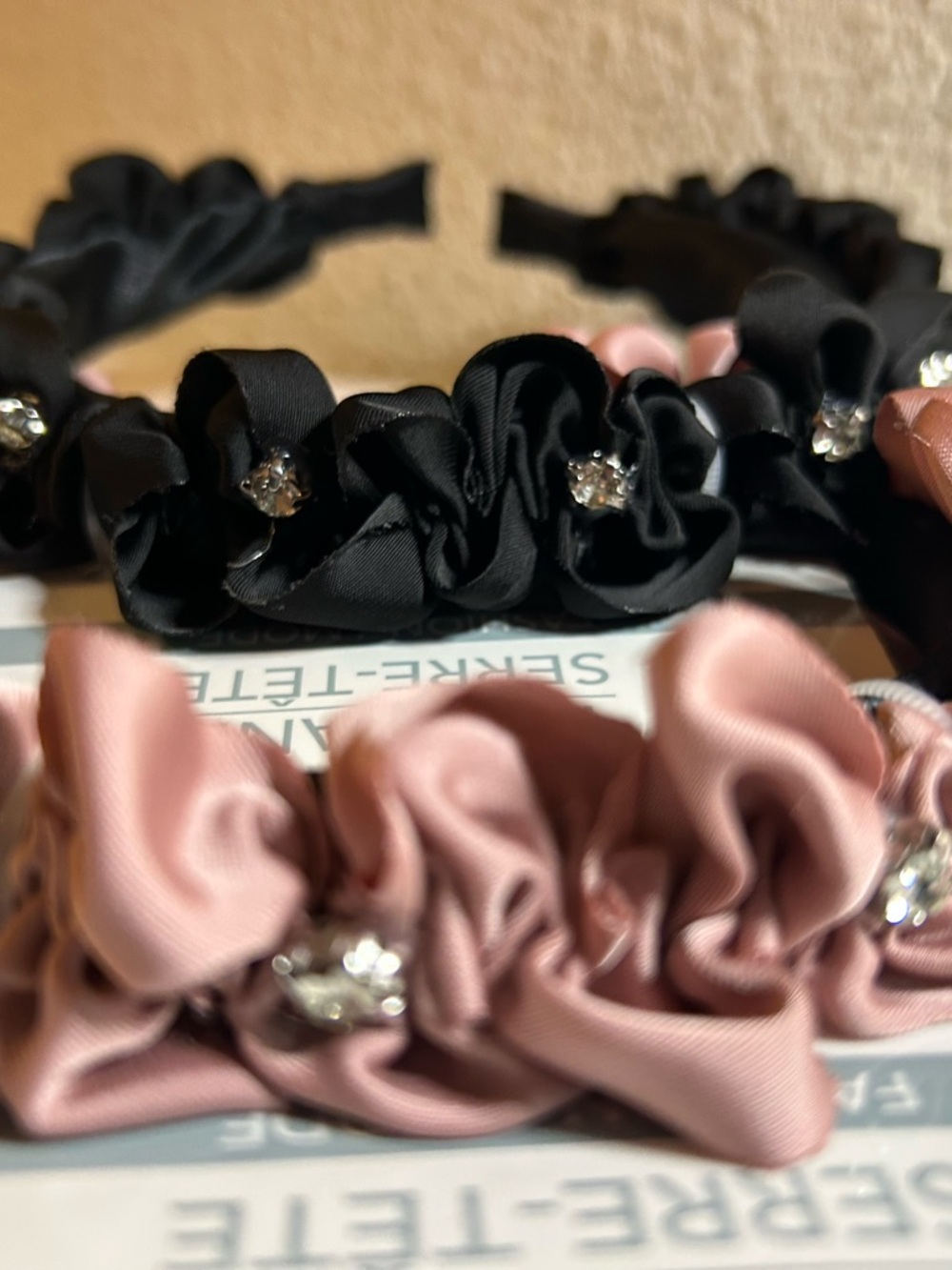 Kids Satin Ruffled Headband with Rhinestones - Black & Pink